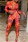 Fashion Printing Long Sleeve Red Zip Jumpsuit