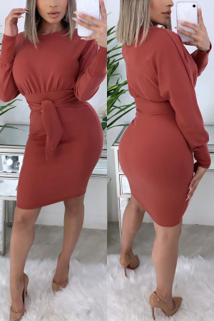 Fashion Round Neck Long Sleeve Red Dress