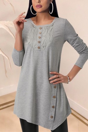 Casual Round Neck Long Sleeve Grey T-Shirt