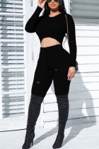 Casual Pit Strip Ripped Hooded Black Two-Piece Suit