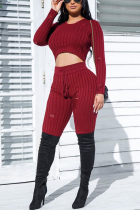 Casual Pit Strip Ripped Hooded Dark Red Two-Piece Suit