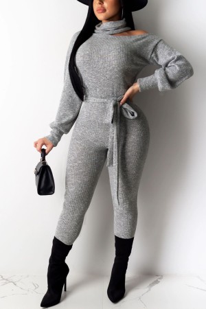 Sexy Off Shoulder High Neck Long Sleeve Gray Jumpsuit