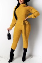 Sexy Off Shoulder High Neck Long Sleeve Yellow Jumpsuit