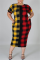 Fashion Plus Size Plaid Printed Pocket Yellow And Red Dress