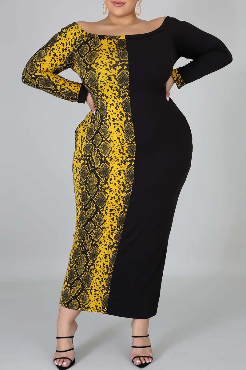 Fashion Plus Size Leopard Print Yellow And Black Dress 0789