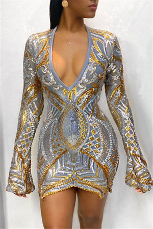Fashion Sexy Sequin V-Neck Gold Long Sleeve Dress