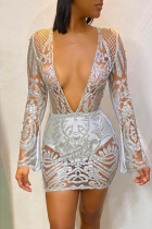 Fashion Sexy Sequin V-Neck Silver Long Sleeve Dress