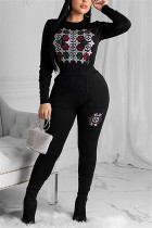 Fashion Casual Round Neck Black Long Sleeve Two Piece Set