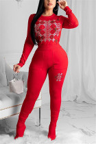 Fashion Casual Round Neck Red Long Sleeve Two Piece Set
