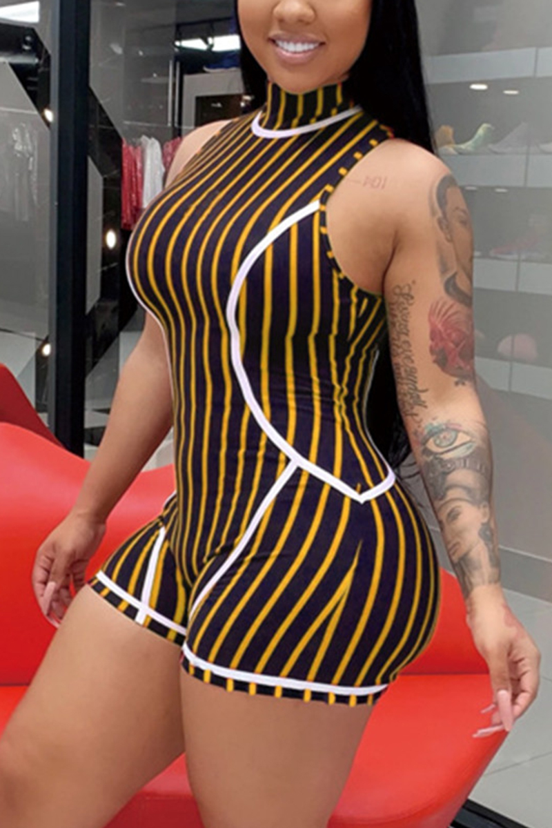 

Sexy Backless Striped Printing Yellow Romper