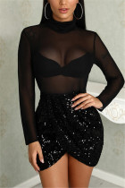 Fashion Sexy Sequin Perspective Black Long Sleeve Dress