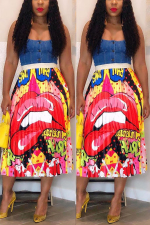 Fashion Sexy Print Lips Skirt (Without Top)