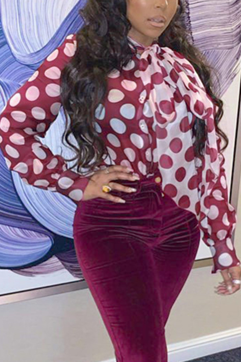 

Fashion Polka Dot Print Wine Red Bow Chiffon Shirt