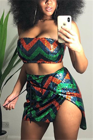 Fashion Sexy Wavy Sequin Green Sling Two Piece Set