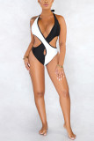 Black and white crop top Solid bandage Patchwork backless Fashion adult Sexy One-Piece Swimwear