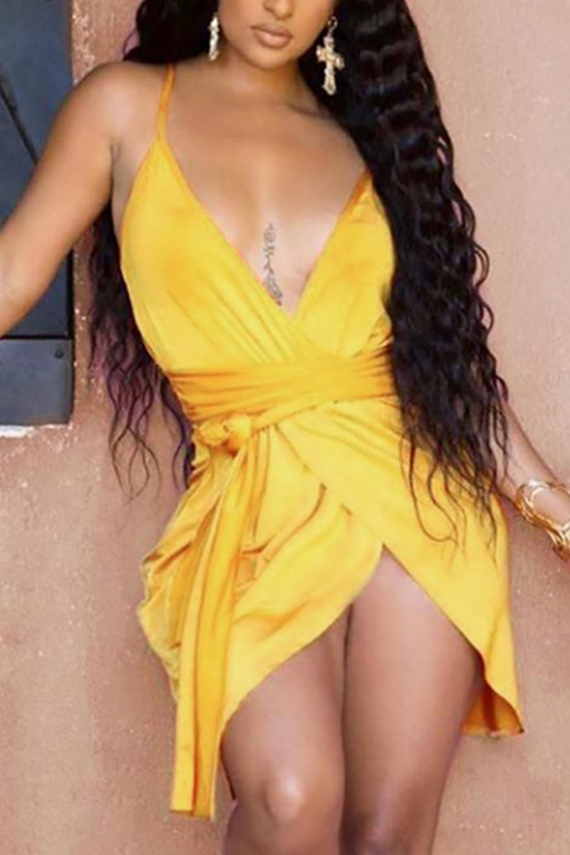 

Sexy Fashion Yellow Sling Slim Dress