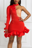 Red Sexy Fashion Stitching One-shoulder Dress
