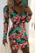 Sexy Printed Long Sleeve Colorful V-neck Dress