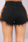 Fashion Tassel Stitching High Waist Black Denim Shorts
