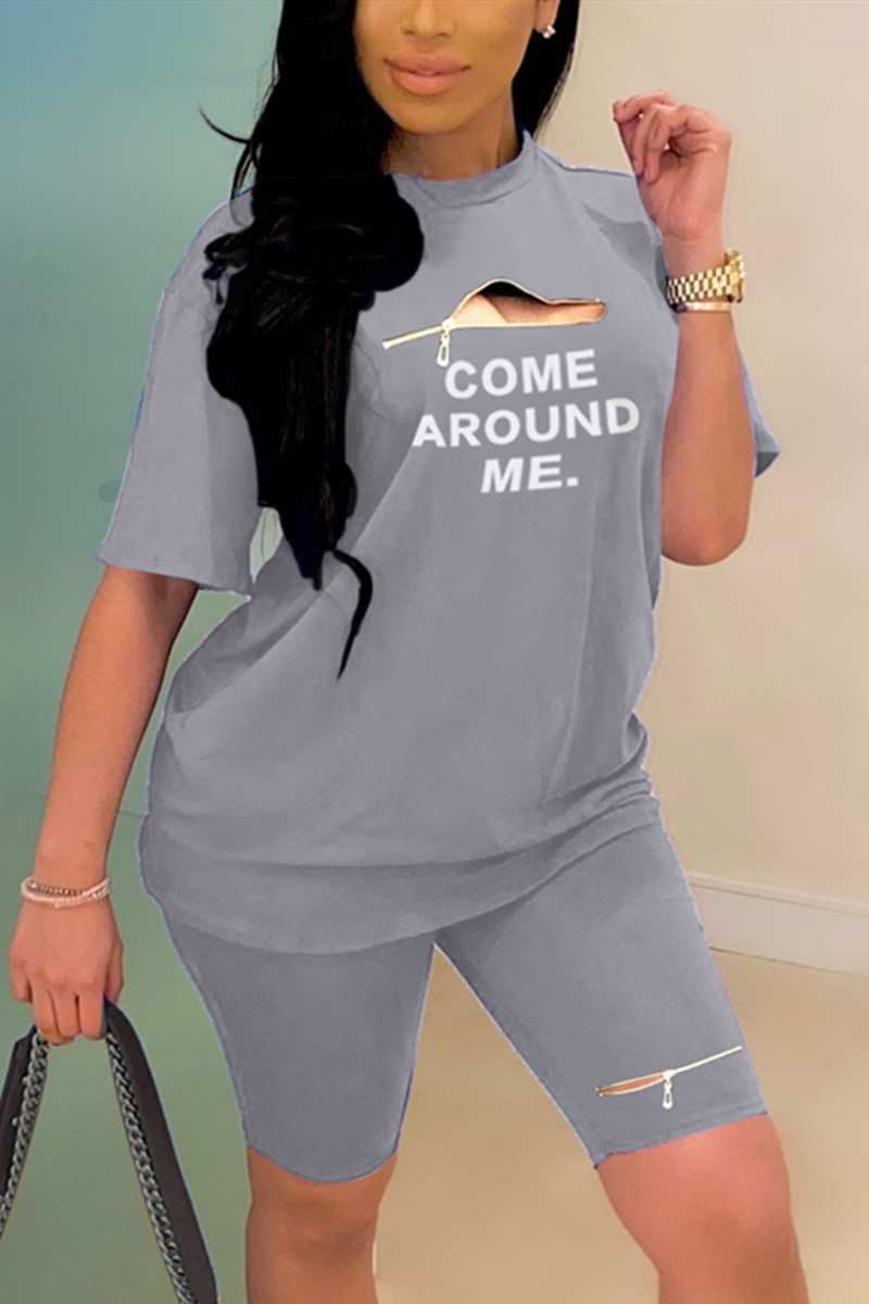 

Sexy Fashion Print Gray Short Sleeve Shorts Set