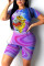 Fashion Casual Printed Short Sleeve Top Purple Two-piece Set