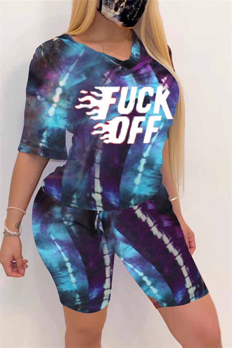 

Fashion Casual Tie-dye Letter Print Black Blue Set