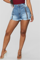 Fashion Sexy Mid Waist Blue Zipper Denim Shorts