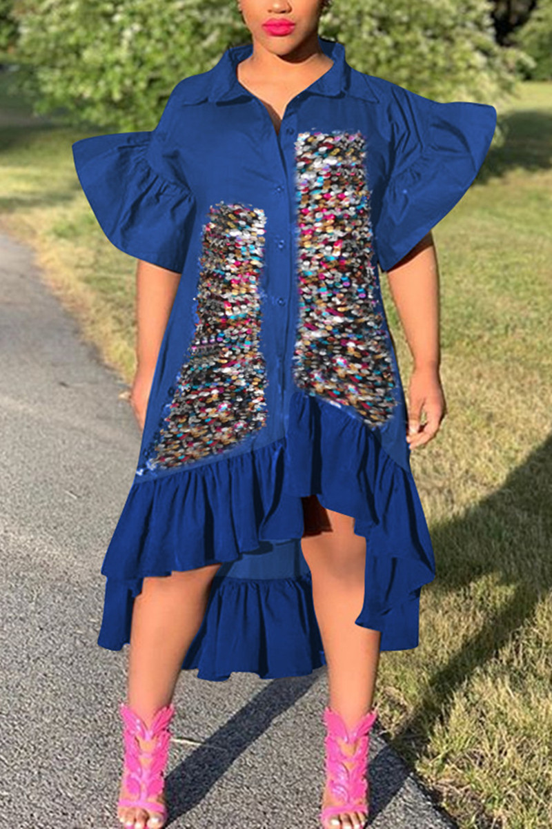 

Fashion Sexy Printed Royal Blue Loose Dress
