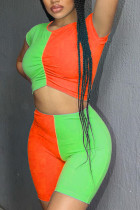 Fashion Sexy Stitching Green Orange Short Sleeve Set