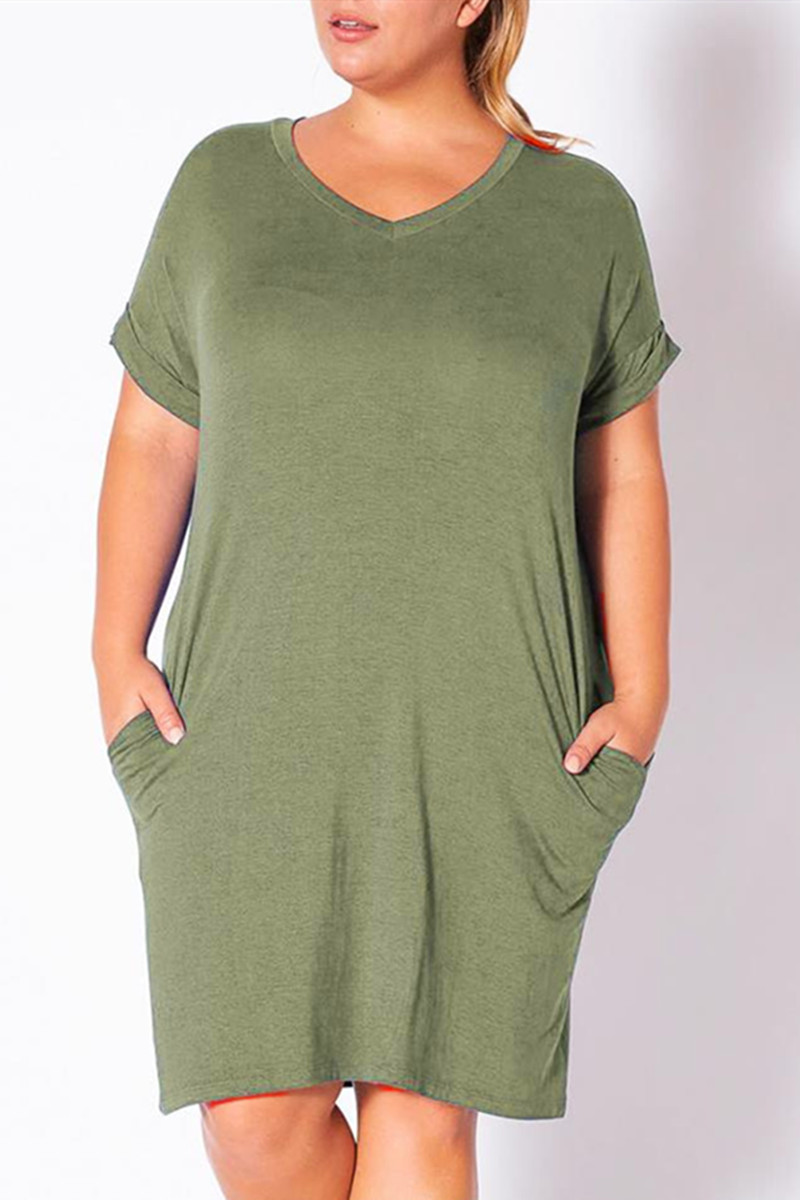 

Fashion Casual Army Green Short Sleeve Plus Size Dress