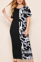 Fashion Sexy Printed Black Short Sleeve Plus Size Dress