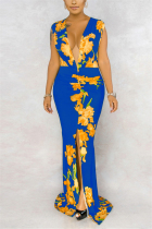 Sexy Fashion Print Blue Sleeveless Long Dress