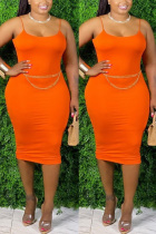 Orange Fashion Sexy Elegant Spaghetti Strap Sleeveless U Neck Solid Dresses