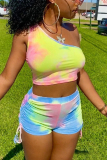 Multi Fashion Sexy Casual Sleeveless One Shoulder Off The Shoulder Short Print Tie Dye Two Pieces