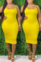 Yellow Fashion Casual adult Ma'am Red Grey Blue Pink Orange Yellow Spaghetti Strap Sleeveless Slip Pencil Dress Mid-Calf Solid Dresses