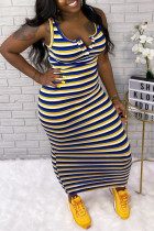Blue Red Blue Tank Sleeveless O neck Pencil Dress Ankle-Length Striped Colouring Dresses