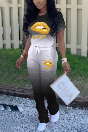 Black Fashion Active adult Ma'am Letter Gradient Two Piece Suits Lips Print Boot Cut Short Sleeve Two Pieces