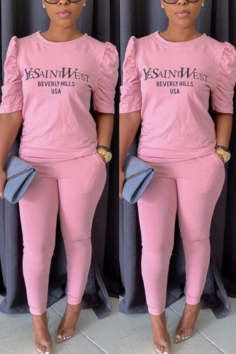 Pink Fashion Casual Print pencil Half Sleeve Two Pieces