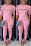 Pink Fashion Casual Print pencil Half Sleeve Two Pieces