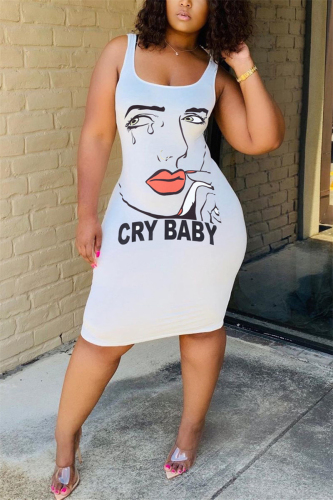 White Sexy White Green Pink Yellow Spaghetti Strap Sleeveless Slip Sheath Knee-Length Print Dresses