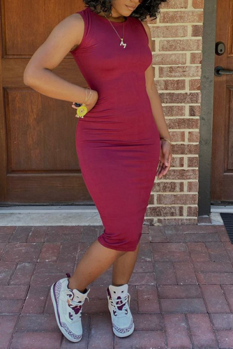 Wine Red Sexy Tank Sleeveless O neck Pencil Dress Ankle-Length Solid Dresses
