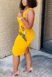 Yellow Sexy White Green Pink Yellow Spaghetti Strap Sleeveless Slip Sheath Knee-Length Print Dresses