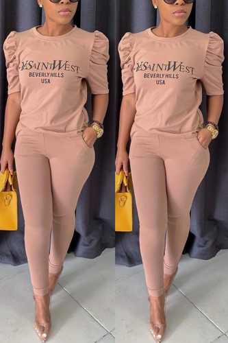 Khaki Fashion Casual Print pencil Half Sleeve Two Pieces