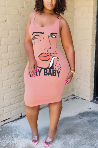 Pink Sexy White Green Pink Yellow Spaghetti Strap Sleeveless Slip Sheath Knee-Length Print Dresses