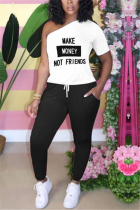 Black Casual Print Asymmetrical Two Piece Suits Harlan Pants Short Sleeve Two Pieces