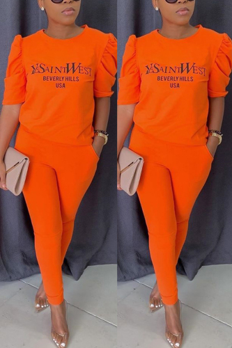Orange Fashion Casual Print pencil Half Sleeve Two Pieces