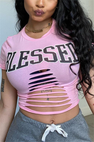 Pink Fashion Sexy O Neck Short Sleeve Regular sleeve Short Letter Print Tops
