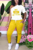Yellow Casual Print Asymmetrical Two Piece Suits Harlan Pants Short Sleeve Two Pieces