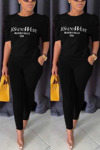 Black Fashion Casual Print pencil Half Sleeve Two Pieces