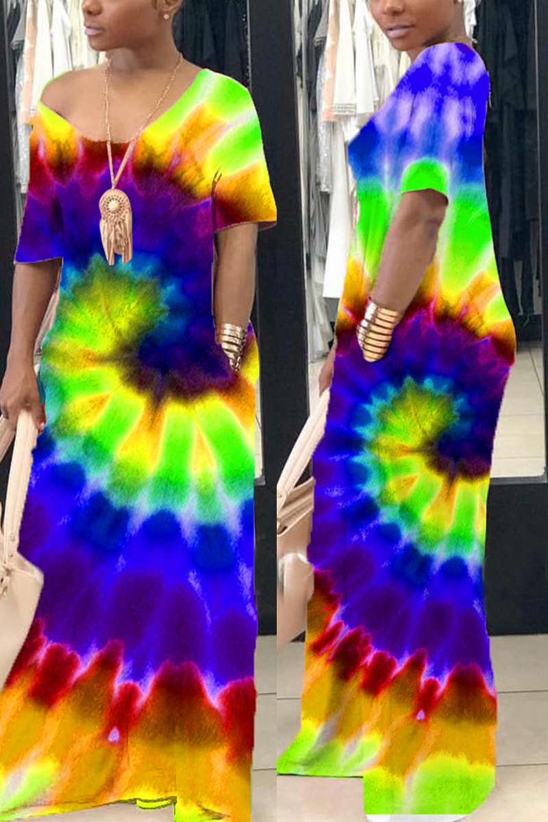 

Green Fashion Sexy One Shoulder Short Sleeves V Neck Tie-dye Printing Dresses